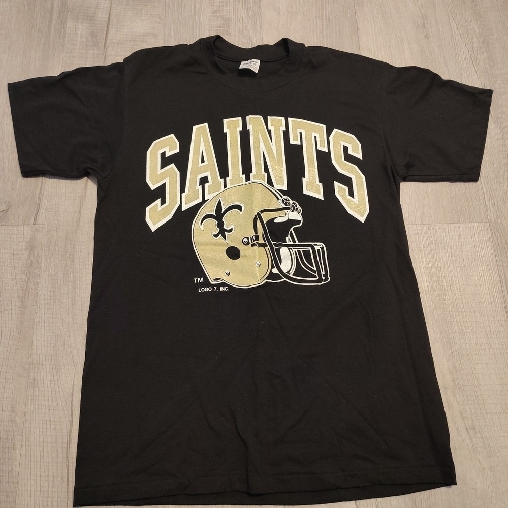 Vtg New Orleans Saints T shirt Single Stitch Black Large Made USA NOS logo 7